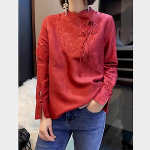 Red Chinese Top, Vintage Frog Button Shirt, Retro Tang Suit Style, Lunar New Year Blouse, Elegant Asian Fashion, Chinese Festival Wear