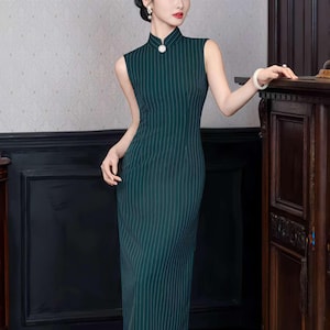 Dark Green Qipao Dress, Sleeveless Cheongsam, Retro Stripe Chinese Dress, Elegant Qipao for Office, Classic Dress, Minimalist Oriental Dress