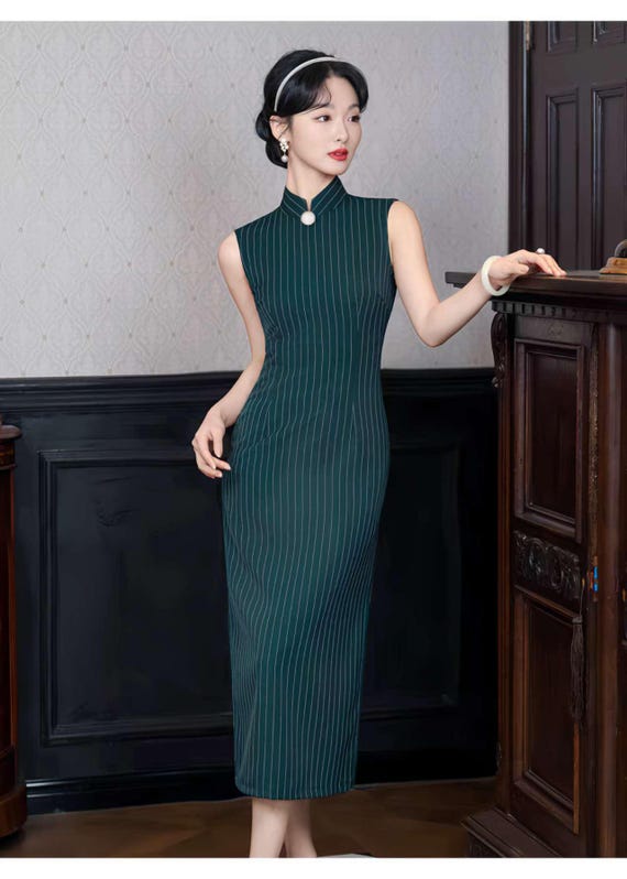 Dark Green Qipao Dress, Sleeveless Cheongsam, Retro Stripe Chinese Dress, Elegant Qipao for Office, Classic Dress, Minimalist Oriental Dress Dark Green Qipao Dress, Sleeveless Cheongsam, Retro Stripe Chinese Dress, Elegant Qipao for Office, Classic Dress, Minimalist Oriental Dress