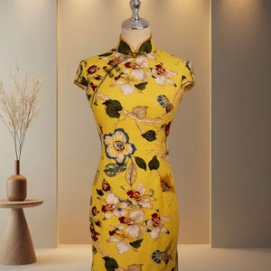 Vibrant Cotton Cheongsam Qipao Dress, Floral Teacery Ceremony Gown, Unique Gift for Her, Chinese Cheongsam Dress
