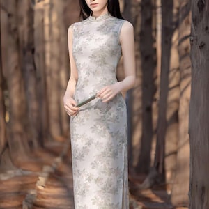 Elegant Linen Qipao Dress, Sleeveless Floral Cheongsam, Light Beige Chinese Dress, Retro Oriental Summer Dress,Classic Asian Tea Party Dress