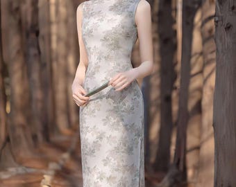 Elegant Linen Qipao Dress, Sleeveless Floral Cheongsam, Light Beige Chinese Dress, Retro Oriental Summer Dress,Classic Asian Tea Party Dress