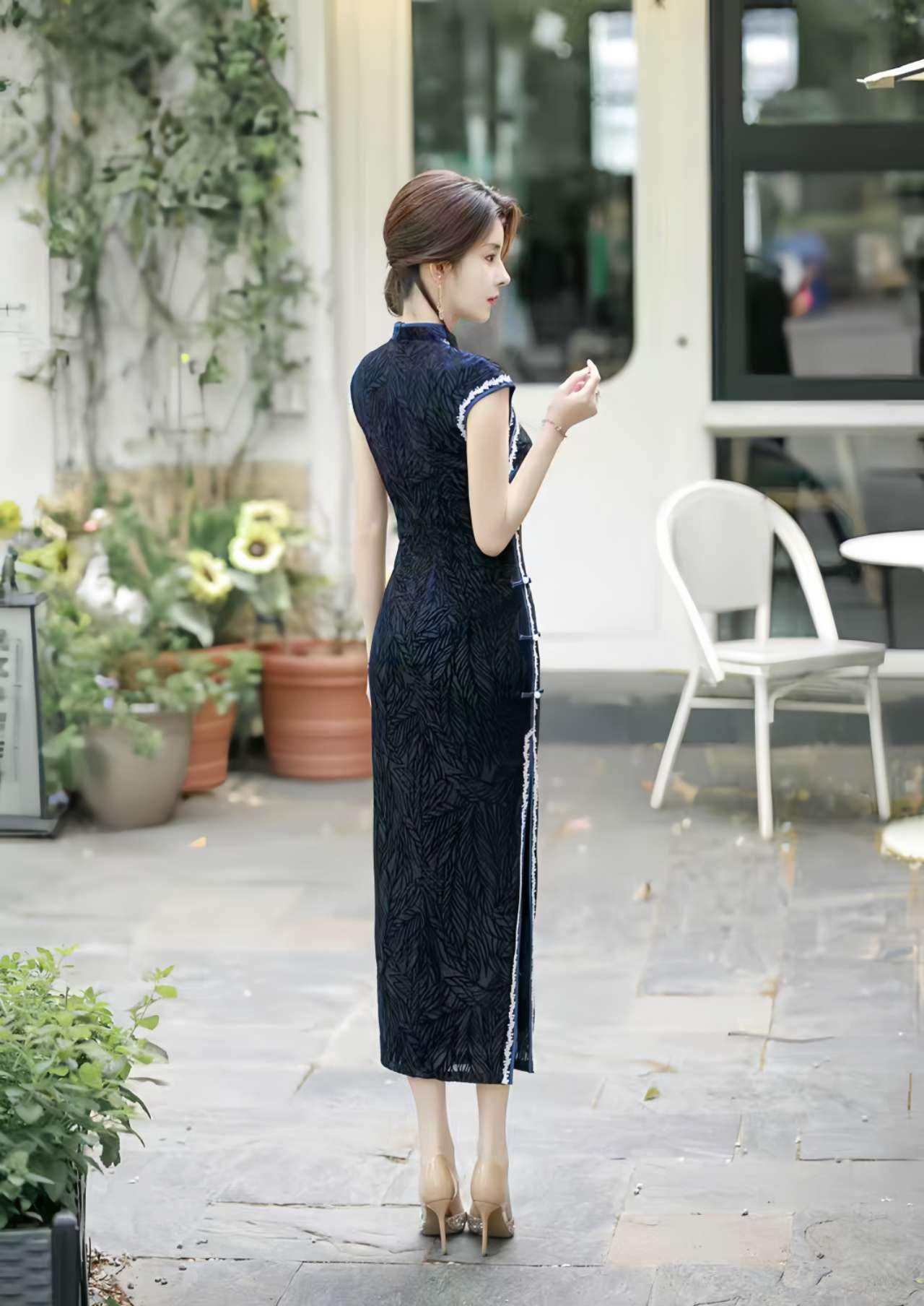 Robe Qipao En Velours Chinois Vintage - Longue, Slim, Imprimé Floral, Neuve étiquetée
