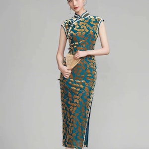 Green Velvet Cheongsam, Gold Floral Qipao Dress, Elegant Chinese Ginkgo Dress, Classic Chinese Style Dress,Vintage Formal, Regalo para ella