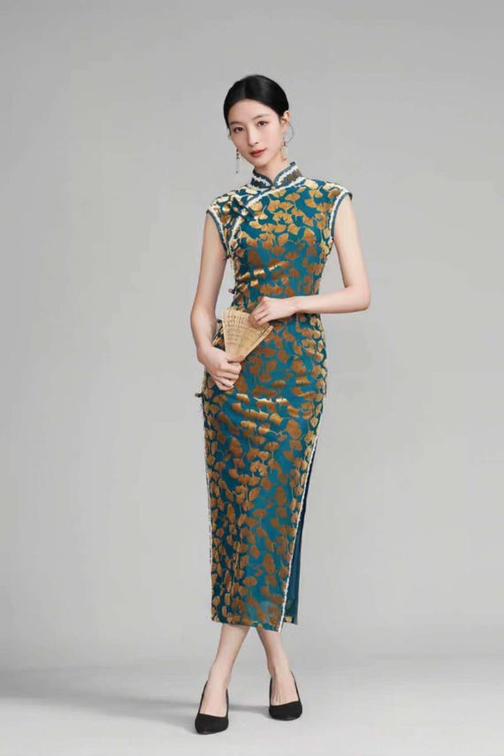Green Velvet Cheongsam, Gold Floral Qipao Dress, Elegant Chinese Ginkgo Dress, Classic Chinese Style Dress,Vintage Formal, Regalo Para Ella