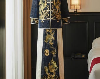 Chinese Wedding Groom Suit,Dragon Phoenix Embroidery Robe,Tang Jacket, Traje Tradicional Hanfu,Formal Ceremony Clothing,Wedding Tea Ceremony