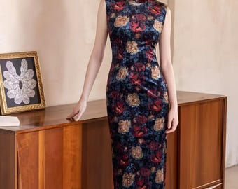 Velvet Qipao Dress, Chinese Cheongsam Gown, Vintage Floral Midi Dress, Autumn Elegant Party Dress, Sleeveless Oriental Dress,Evening Outfit