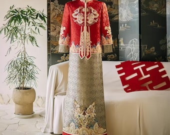 Men’s Chinese Wedding Outfit, Groom Dragon Phoenix Robe, Tang Jacket, Traje Tradicional Hanfu,Formal Ceremony Clothing,Wedding Tea Ceremony