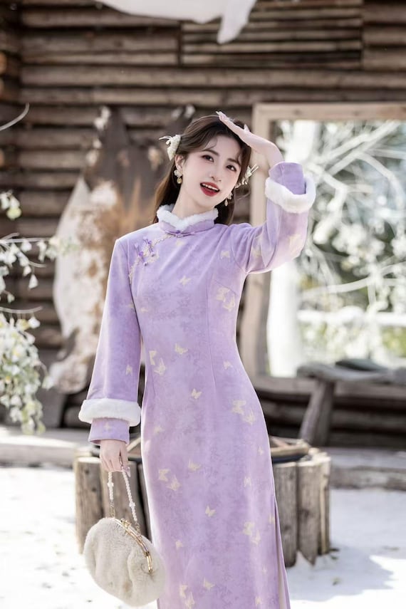 New Chinese Style Autumn Winter Fleece Lined Qipao Dress,Ideal for Weddings, Evening Parties,Festivals,Plush Velvet Fabric,Plush Trim Design