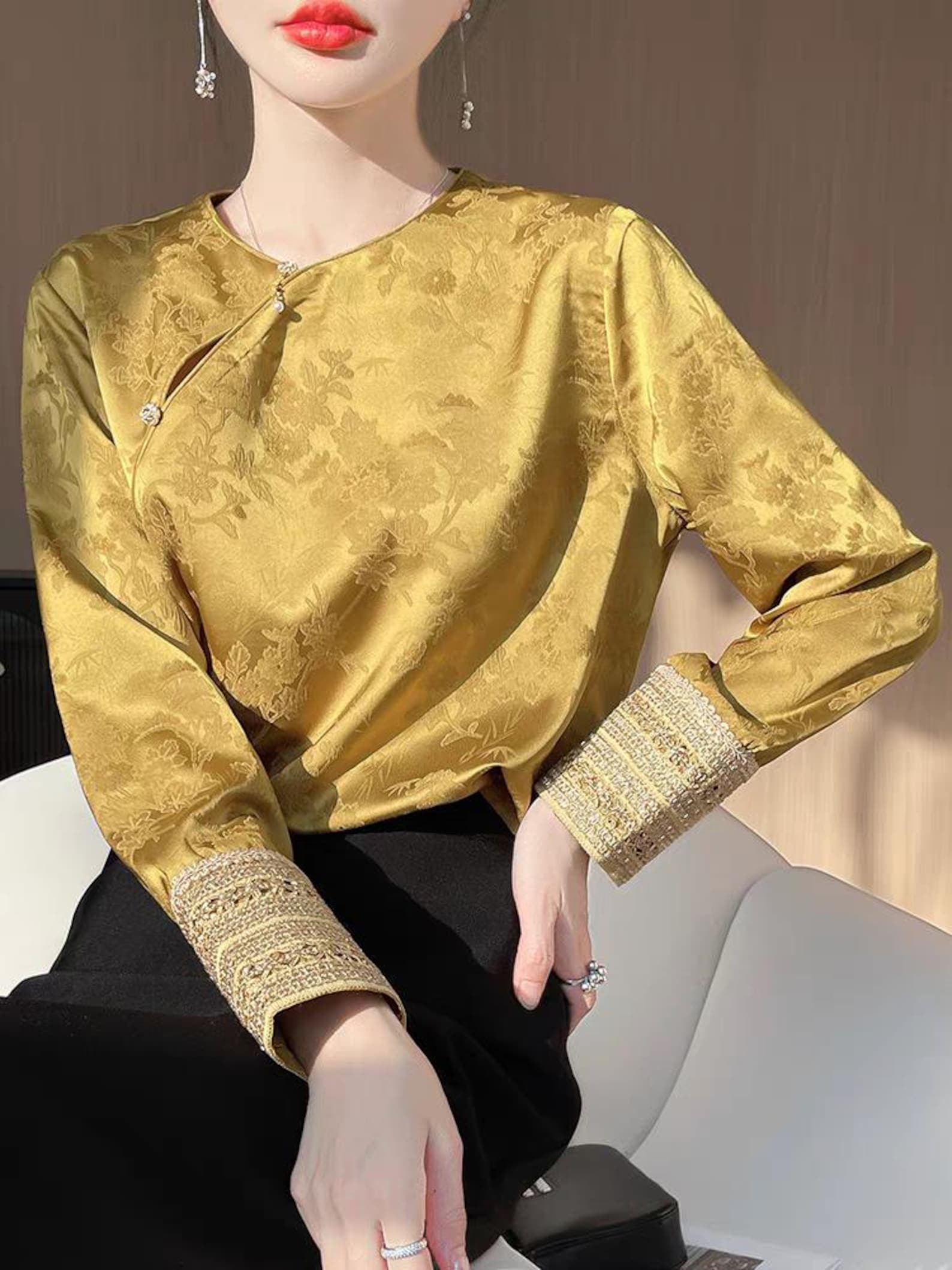 Chinese Jacquard Top, Hanfu Style Satin Shirt, New Oriental Blouse ...