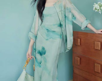 Zen Style Dress,Chinese Watercolor Dress, Elegant Two Piece Set,Modern Hanfu Set, Summer Office Outfit,Minimalist Asian Dress, Tea Ceremony 