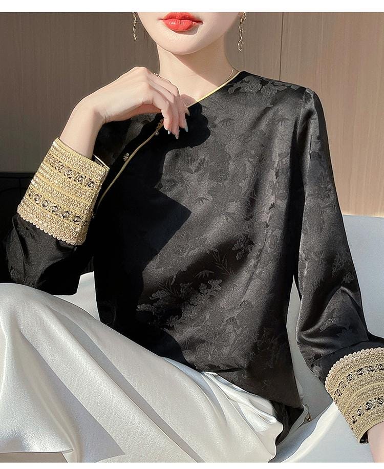 Chinese Jacquard Top, Hanfu Style Satin Shirt, New Oriental Blouse ...