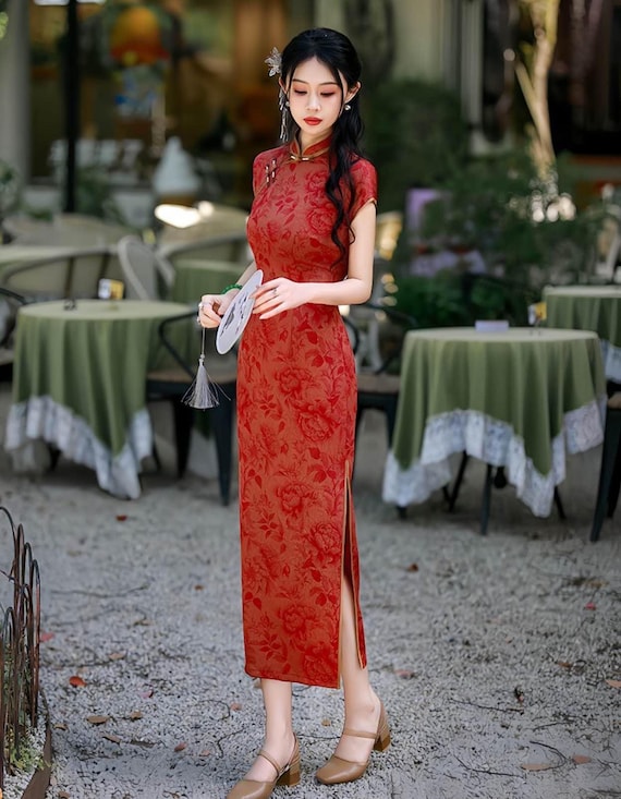 mandarin collar red dress Red Brocade Qipao Dress, Elegant Chinese Cheongsam, Mother Gift Dress,Traditional Chinese Dress, Retro Oriental Tea Dress,Long Silk Gown