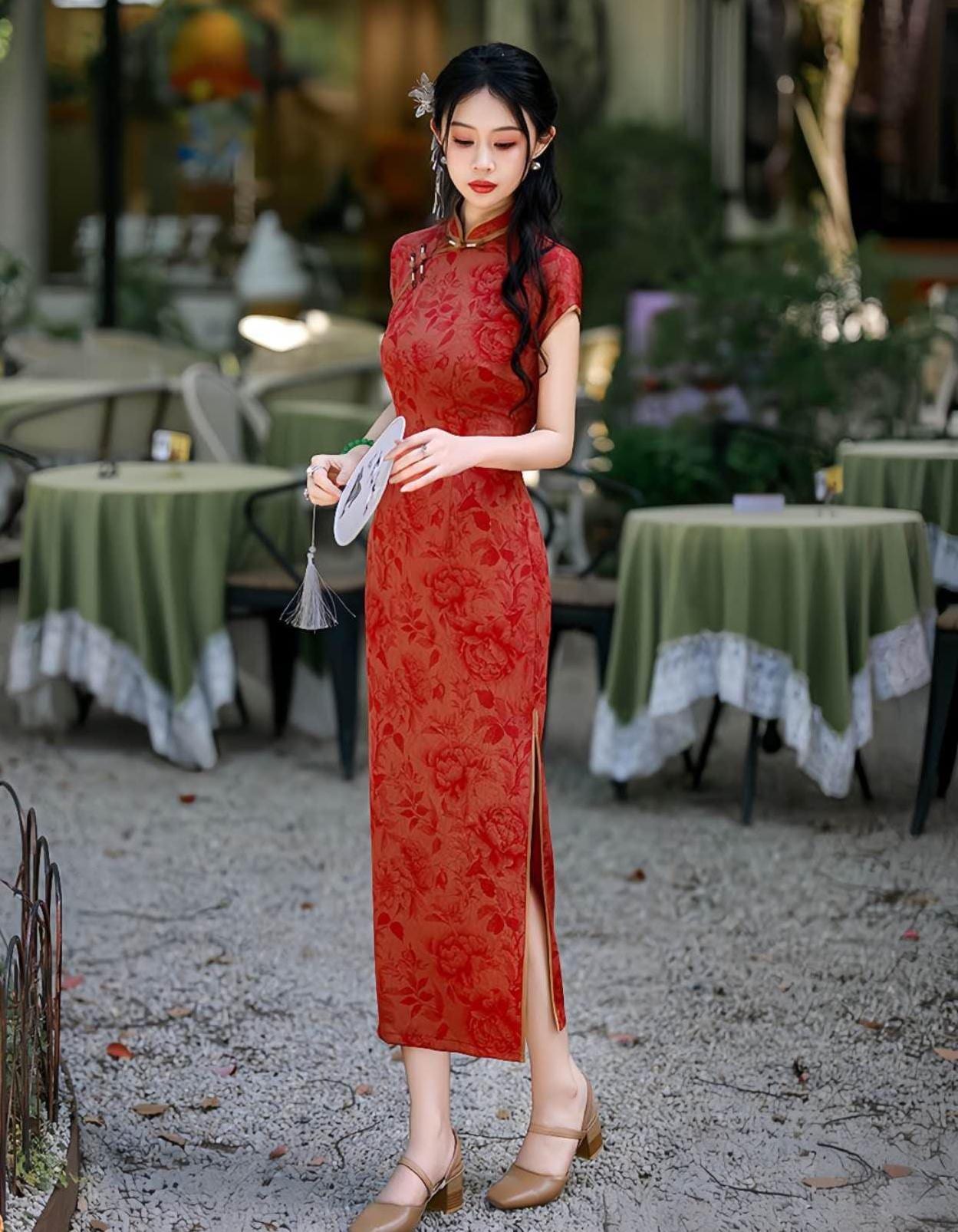Red Brocade Qipao Dress, Elegant Chinese Cheongsam, Mother Gift