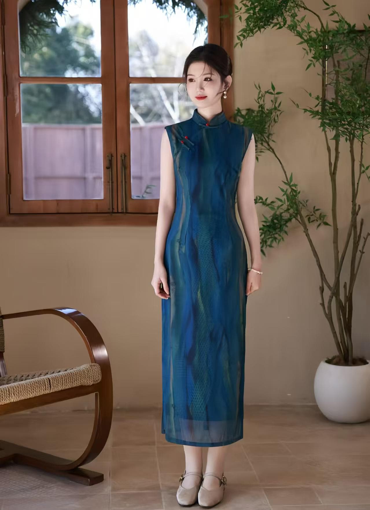 blue mesh oriental dress Cheongsam It stretches comfortably to COLOR:Gold Anna Cathcart at REVOLVE removerestockedus