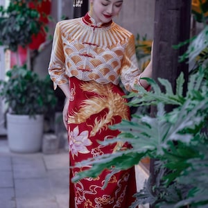 Chinese Wedding Qipao Set, Phoenix Dragon Cheongsam, Satin Bridal Dress, Red Gold Chinese Gown, Vintage Two Piece Qipao,Hanfu Inspired Dress