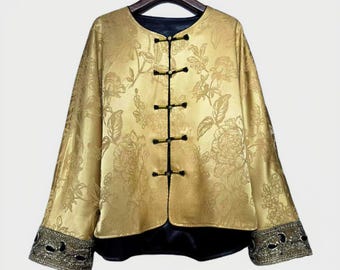 Chaqueta de oro Tang, Traje de chaqueta chino Tang, blusa con puños barrocos, Elegante Top, Abrigo inspirado en el Hanfu, regalo para ella
