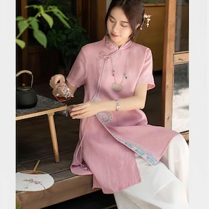 Chinese linen blouse, retro tea shirt, Chinese Tang Suit Hanfu Blouse, vintage zen-inspired blouse, light summer shirt,  gift for her