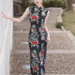 Zwarte bloemenqipao, retro cheongsamjurk, elegante avondjurk, zomerjurk, cultureel bruidskostuum, vintage theejurk