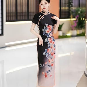 Black Silk Cheongsam, Floral Qipao Dress, Chinese Formal Gown,Retro Wedding Outfit,Evening Party Qipao,Tea Ceremony Dress, large sizes S-5XL