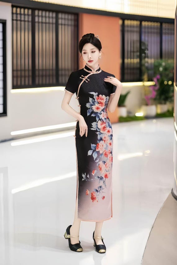 Black Silk Cheongsam, Floral Qipao Dress, Chinese Formal Gown,retro Wedding  Outfit,evening Party Qipao,tea Ceremony Dress, Large Sizes S-5XL - Etsy  Australia