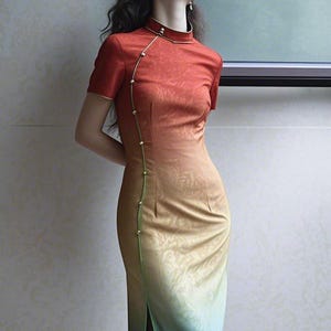 Sukienka Ombre Qipao | Elegancki chiński cheongsam | Sukienka w stylu mandaryńskim w stylu vintage | Tradycyjna chińska długa sukienka