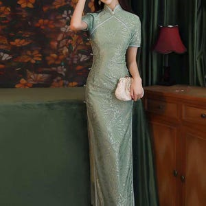 Green Lace Qipao Dress, Vintage Cheongsam Gown, Elegant Chinese Evening Dress, Formal Long Dress, Summer Party Dress, Wedding Guest Dress
