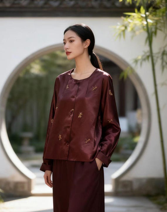 Camisa estilo chino con bordado, chaqueta Tang de satén, patrón de libélula, colores burdeos y negro, moda otoño-invierno, estilo vintage