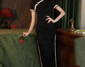 black satin oriental dress Black Satin Qipao Dress,embroidered Bamboo Cheongsam,elegant Chinese Midi  Dress,luxury Oriental Evening Gown, Autumn Formal Asian Dress,gift