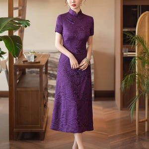 Purple Qipao Dress,Vintage Chinese Cheongsam,Formal Chinese Outfit, Wedding Guest Dress,Cultural Fashion Robe,large sizes M-5XL,Tea Ceremony