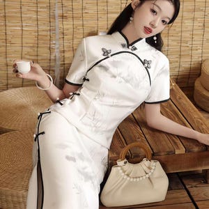 Chinese Ink Painting Cheongsam Dress,Blanco Qipao,Chinese Dress for Tea Ceremony,Hanfu Style Maxi qipao,Asian Style Zen Dress, gift for her