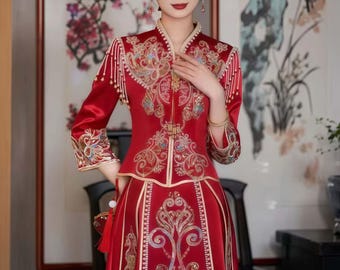 Royal Red Chinese Dress,traditional Qun Kwa Gown,vintage Bridal