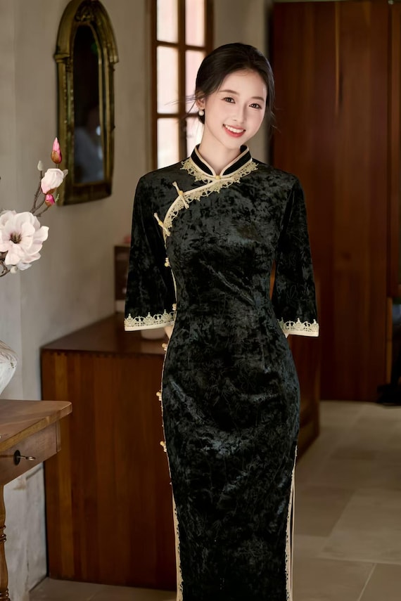 oriental party dress Velvet Qipao, Embossed Cheongsam Gown, Elegant Chinese Evening Dress, Black  White Oriental Party Dress, Vintage Formal Gown, Retro Floral