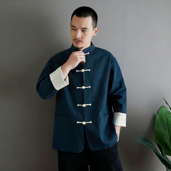 Ramie Linen Tang Jacket, Traditional Chinese Shirt for Men, Minimalist Asian Style Outerwear, Zen Summer Mens Clothing