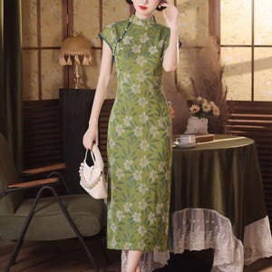 Floral Brocade Qipao Dress, Green Chinese Cheongsam, Elegant  Gown, Retro Tea Dress, Spring Summer Qipao, Wedding Guest Qipao, Gift for her