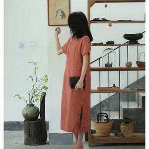 Zen linneklänning, japansk klänning, svart bomullsmidiklänning, Wabi Sabi minimalklänning, klänning i naturligt tyg, lös klänning, vintage bild 7