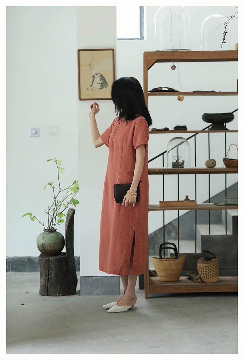 Zen linneklänning, japansk klänning, svart bomullsmidiklänning, Wabi Sabi minimalklänning, klänning i naturligt tyg, lös klänning, vintage bild 7