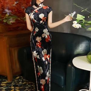 Samt Qipao Kleid, Chinesisches Cheongsam Kleid, Vintage Chinesisches Kleid, Traditionell, Plus Size S-4XL, Teezeremonie Kleid
