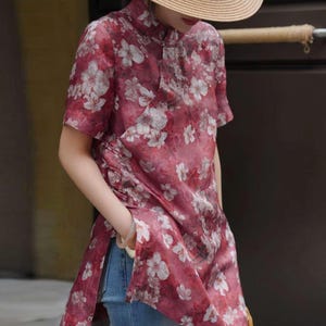 Chinese Blouse, Vintage Floral Cheongsam Top, Short Sleeve Qipao Shirt, Retro Asian Style Shirt,Tea Ceremony Shirt, Summer  Top,gift for her