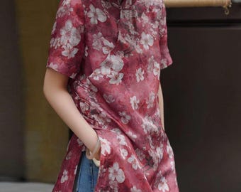 Blusa chinesa, cheongsam floral vintage, camisa qipao de manga curta, camisa estilo retrô asiático, blusa de verão feminina, presente para ela