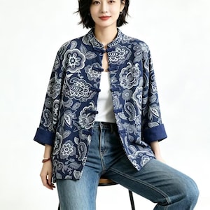 Chaqueta Tang China Mujer, Chaqueta Vintage de Algodón, Moda Étnica Boho, Estilo Chino Moderno,Chaqueta Paisley Azul,Ropa Inspirada en Hanfu