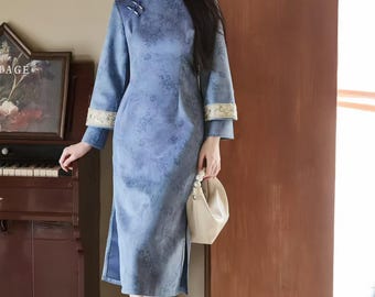 Velvet Embossed Qipao Dress, Two Tone Cheongsam Gown, Elegant Oriental Midi Dress, Autumn Retro Chinese Dress, Pink Blue Party Dress