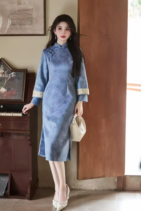 oriental party dress Velvet Embossed Qipao Dress, Two Tone Cheongsam Gown, Elegant Oriental Midi Dress, Autumn Retro Chinese Dress, Pink Blue Party Dress