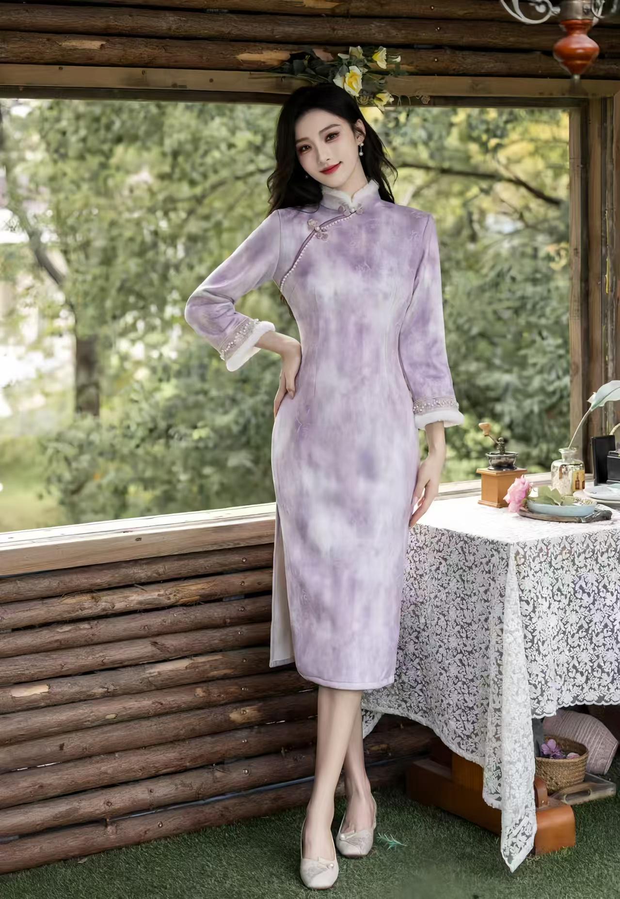 Purple White Velvet Qipao, Fleece Lined Cheongsam, Elegant Chinese