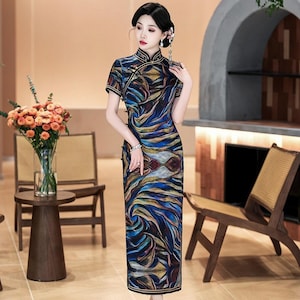 Silk Satin Qipao, Art Deco Chinese Dress, Old Shanghai Style Cheongsam, Elegant Oriental Gown, Vintage  Formal Dress, Retro Tea Party Outfit