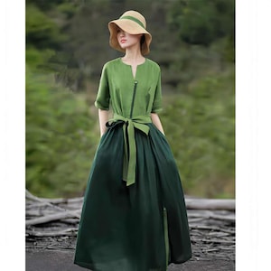 Zen Garden Dress, Boho Green Maxi Dress, Linen Cotton Summer Dress, Vintage Loose Fit Dress, Rustic Cottagecore Gown, Plus Size Nature Dress