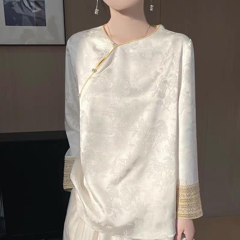 Chinese Jacquard Top, Hanfu Style Satin Shirt, New Oriental Blouse ...