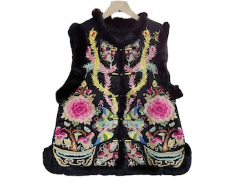 Chinese Embroidered Peony Vest, Traditional Pan Kou Frog Closure Jacket, Retro New Chinese Style Qipao Inspired, Boho Ethnic Floral Top