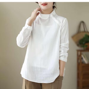 Japanese Vintage Blouse, white Shirt, Retro Collar Button Top, Minimalist Asian Fashion, Art Style Blouse, Soft Blue Tunic, Casual Boho Top