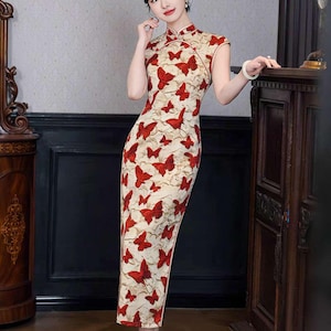 Schmetterling Qipao Kleid, Vintage Cheongsam Kleid, Orientalisches Bodycon Kleid, Asiatische Retro Mode, Schickes Hochzeitsgästekleid, Geschenk